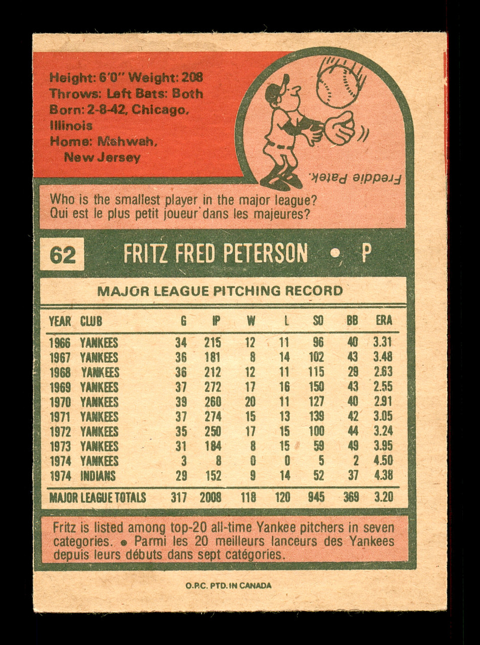 Fritz Peterson Autographed 1976 O-Pee-Chee Card #255 Cleveland Indians SKU  #169448 - Mill Creek Sports