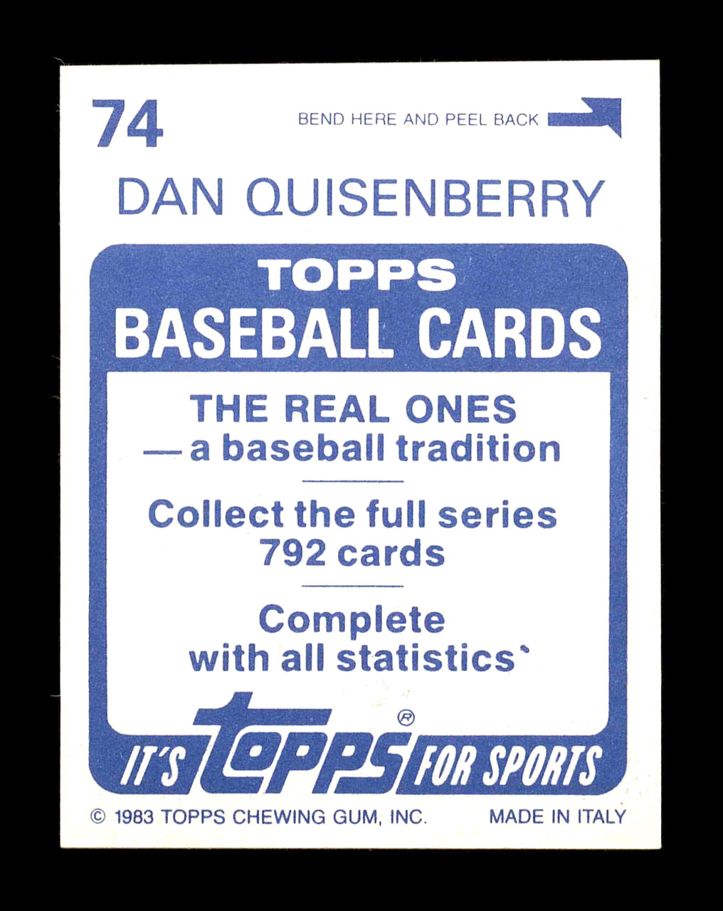 Dan Quisenberry Autographed 1983 Topps Sticker Card #74 Kansas City Royals  SKU #178443 - Mill Creek Sports