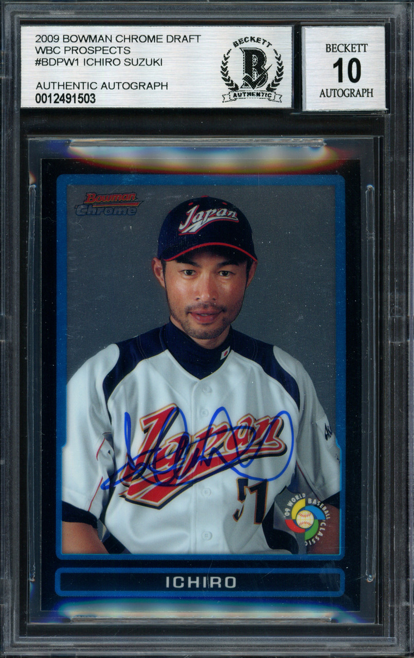 Ichiro Suzuki Autographed 2009 Bowman Chrome Draft Picks Card #BDPW1 WBC  Japan Auto Grade 10 Beckett BAS #12491503