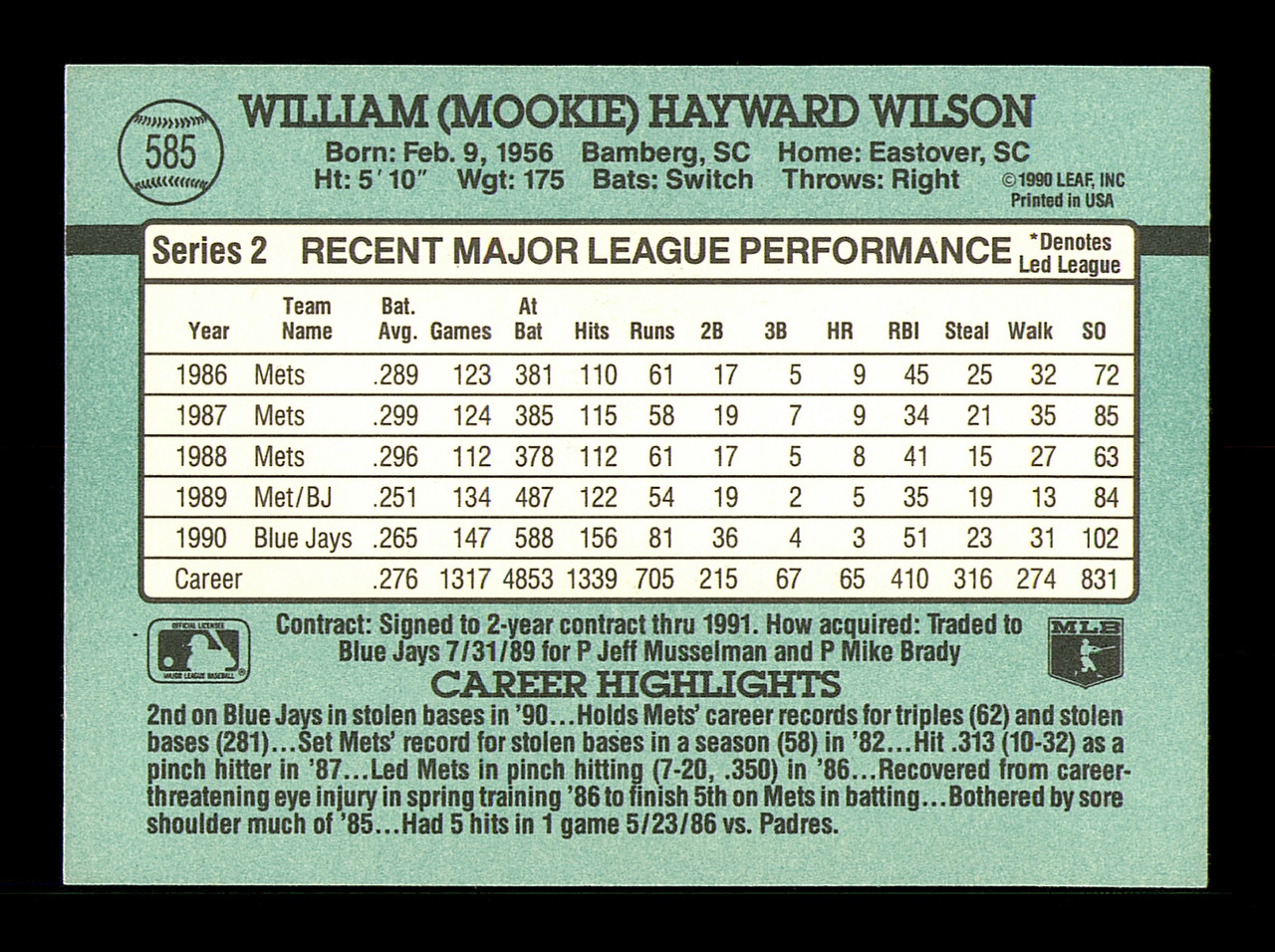 Mookie Wilson Autographed 1991 Donruss Card #585 Toronto Blue Jays SKU  #184488 - Mill Creek Sports
