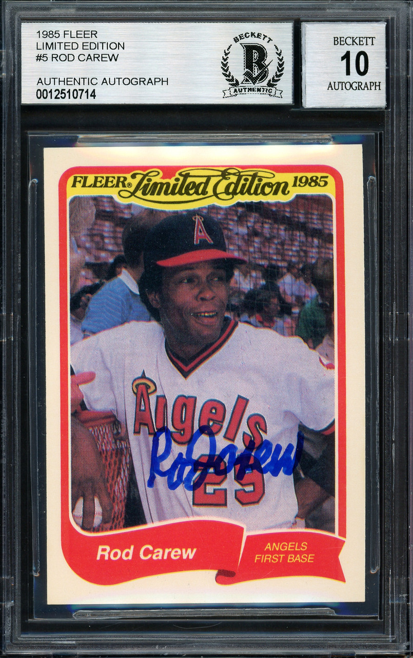 Rod Carew Autographed 1985 Fleer Limited Edition Card #5 California Angels Auto Grade 10 Beckett BAS Stock #186098 Rod Carew Autographed 1985 Fleer Limited Edition Card #5 California Angels Auto Grade 10 Beckett BAS Stock #186098