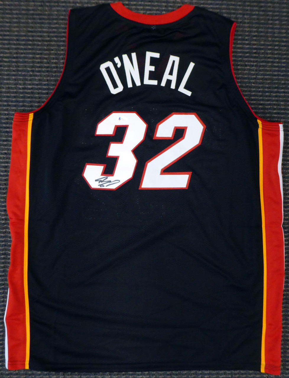 The Jersey Source Autographs Shaquille O'Neal Autographed Red Miami Pro Style Stat Jersey - Beckett W Holo