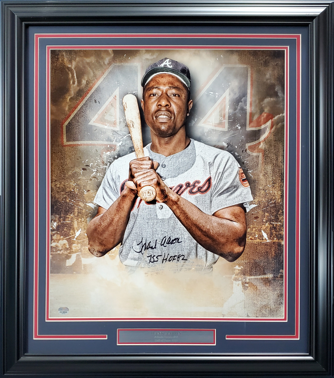 Hank Aaron Signed Braves 35x43 Custom Framed Display With Jersey