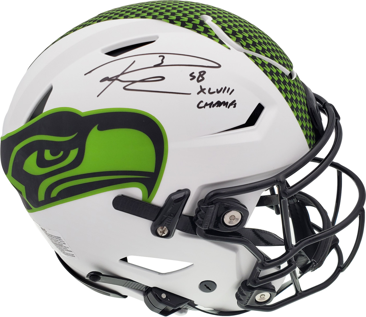 Russell Wilson Autographed Seattle Seahawks White Lunar Eclipse Full Size  Authentic Hyper Speed Flex Helmet 'SB XLVIII Champs' RW Holo & Beckett BAS