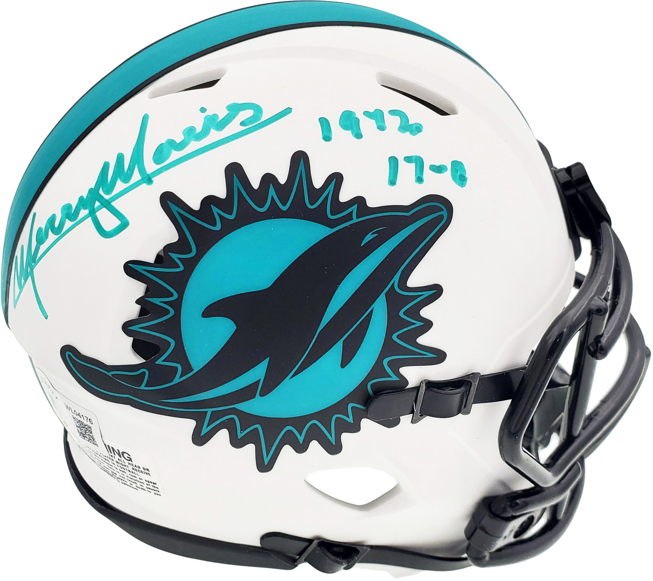 Mercury Morris Autographed Miami Dolphins Lunar Eclipse White Speed Mini  Helmet '1972 17-0' Beckett BAS QR Stock #194065