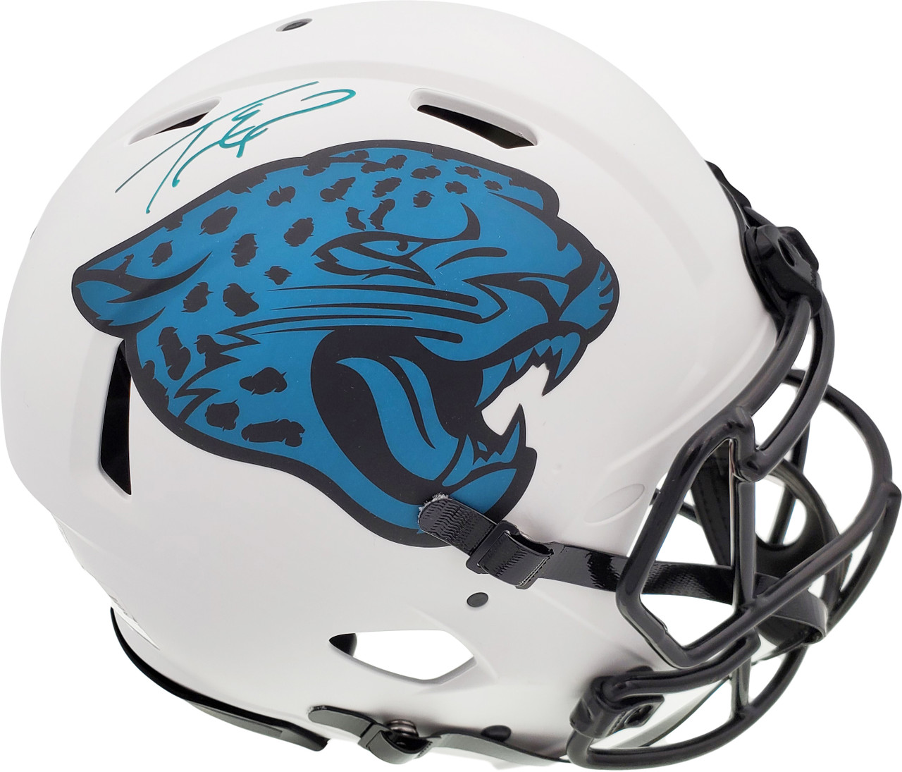 Travis Etienne Autographed Jacksonville Jaguars Lunar Eclipse White Full  Size Authentic Speed Helmet Beckett BAS QR Stock #194879