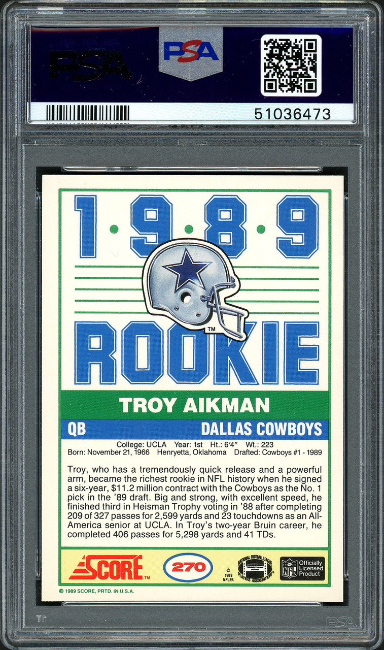 お値下げ可　PSA鑑定　1989年　TROY AIKMAN ルーキーカード 1989 Score Football Troy Aikman Cowboys RC Rookie Card #270