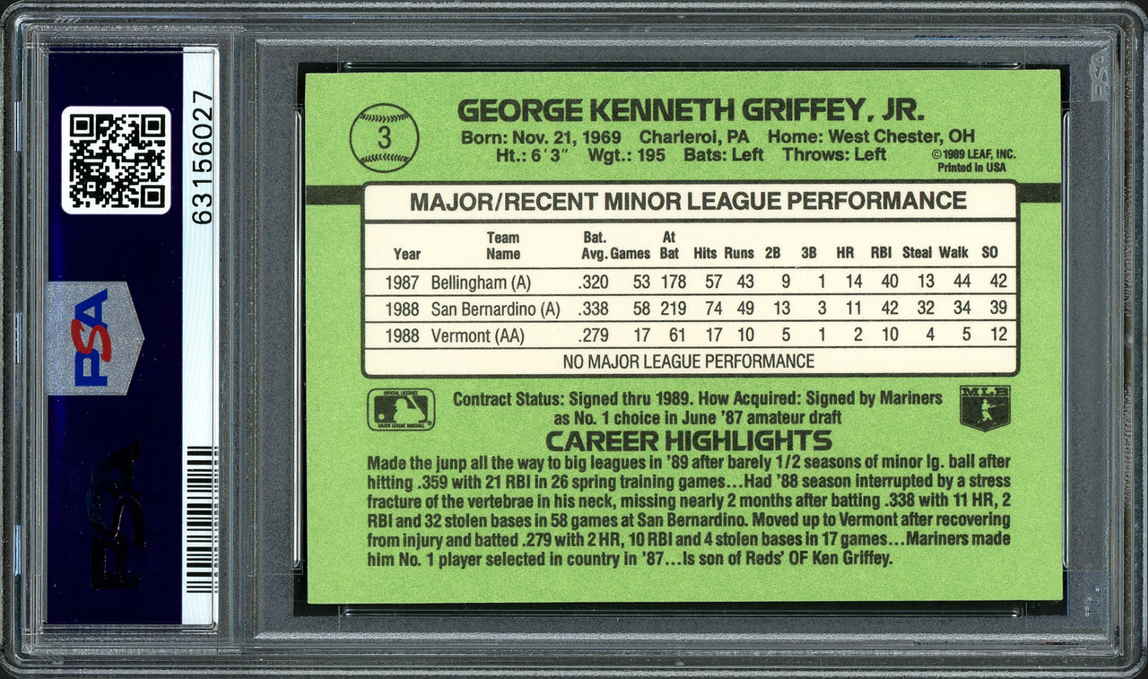 1989 Donruss Rookies #3 Ken Griffey Jr. Seattle Mariners PSA 8 NM
