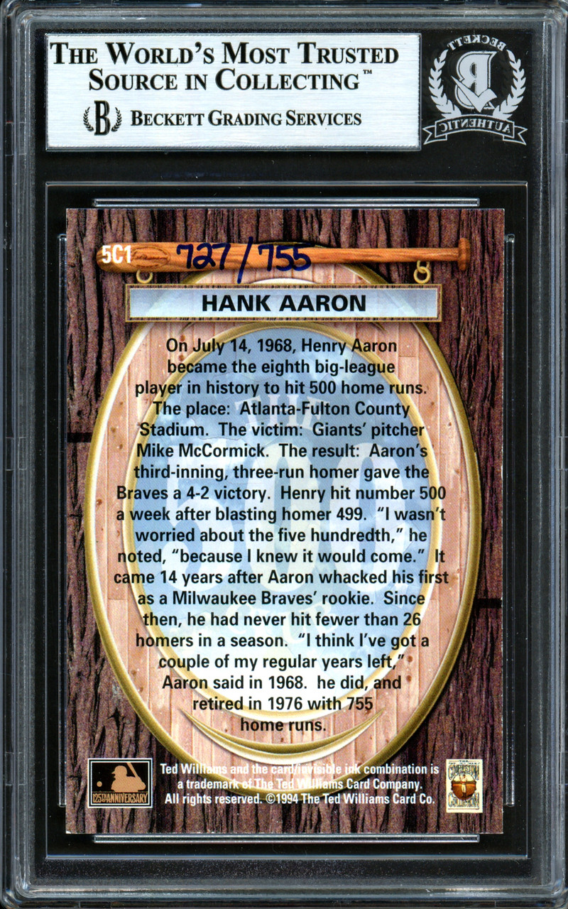 Lot Detail - Hank Aaron Autographed 1994 Ted Williams 500 Club LE #288/755  Baseball Card Slabbed Beckett