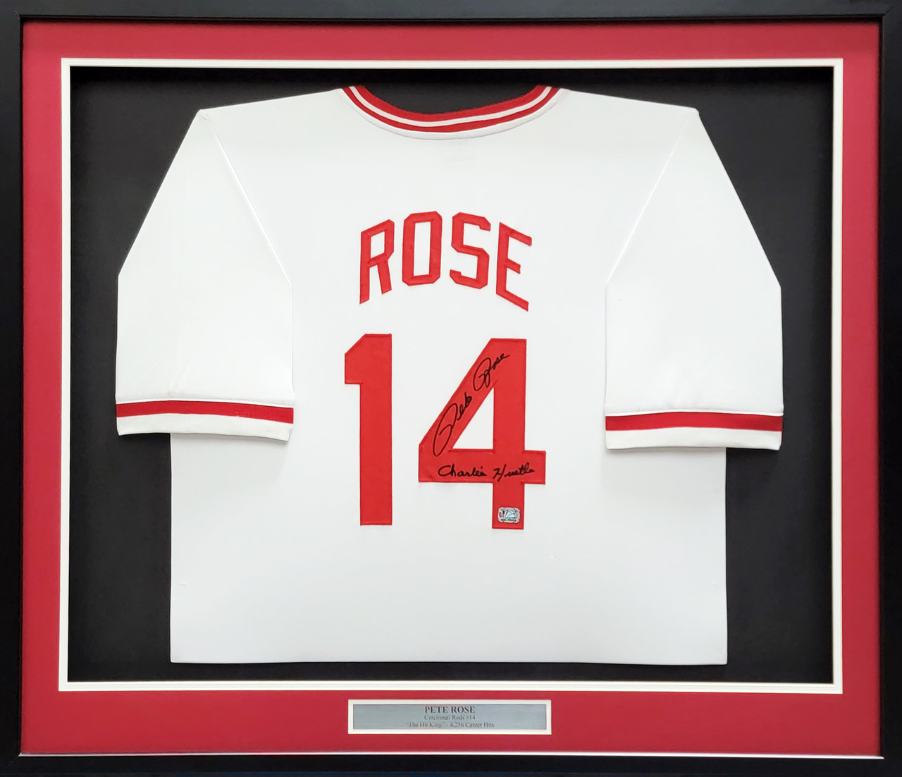 Pete Rose Autographed Cincinnati Reds (White Mitchell And Ness) Deluxe  Framed Jersey w/ Charlie Hustle - JSA
