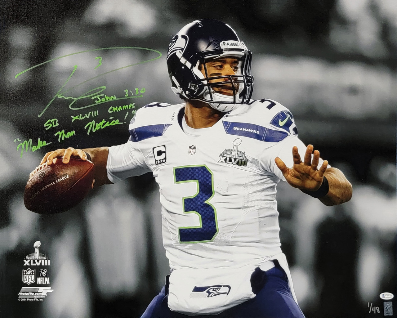 Seattle Seahawks Russell Wilson Autographed Blue Nike Jersey Size XL (Light  Signature) Beckett BAS #WE98452