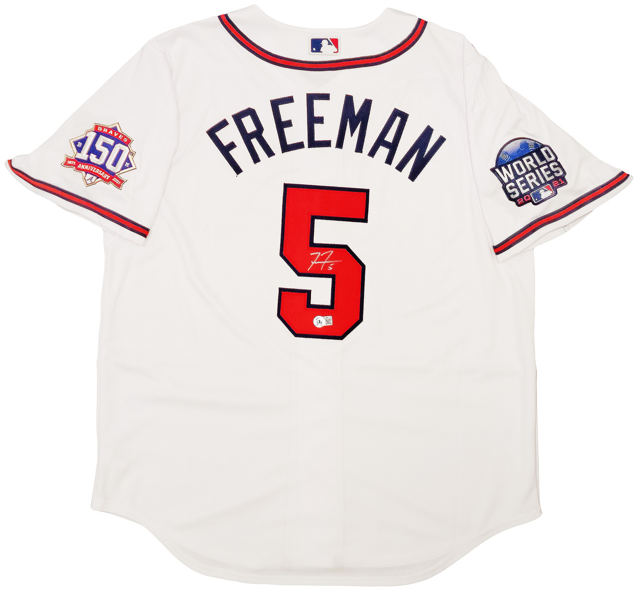 Atlanta Braves Freddie Freeman Autographed White Nike Jersey Size L 2021  World Series Patch Beckett BAS QR Stock #202004