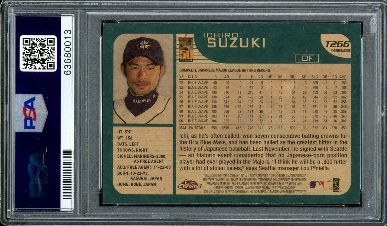 Ichiro Suzuki Autographed 2001 Topps Chrome Traded Rookie Card #T266  Seattle Mariners Auto Grade Gem Mint 10 Beckett BAS Stock #220239 - Mill  Creek Sports