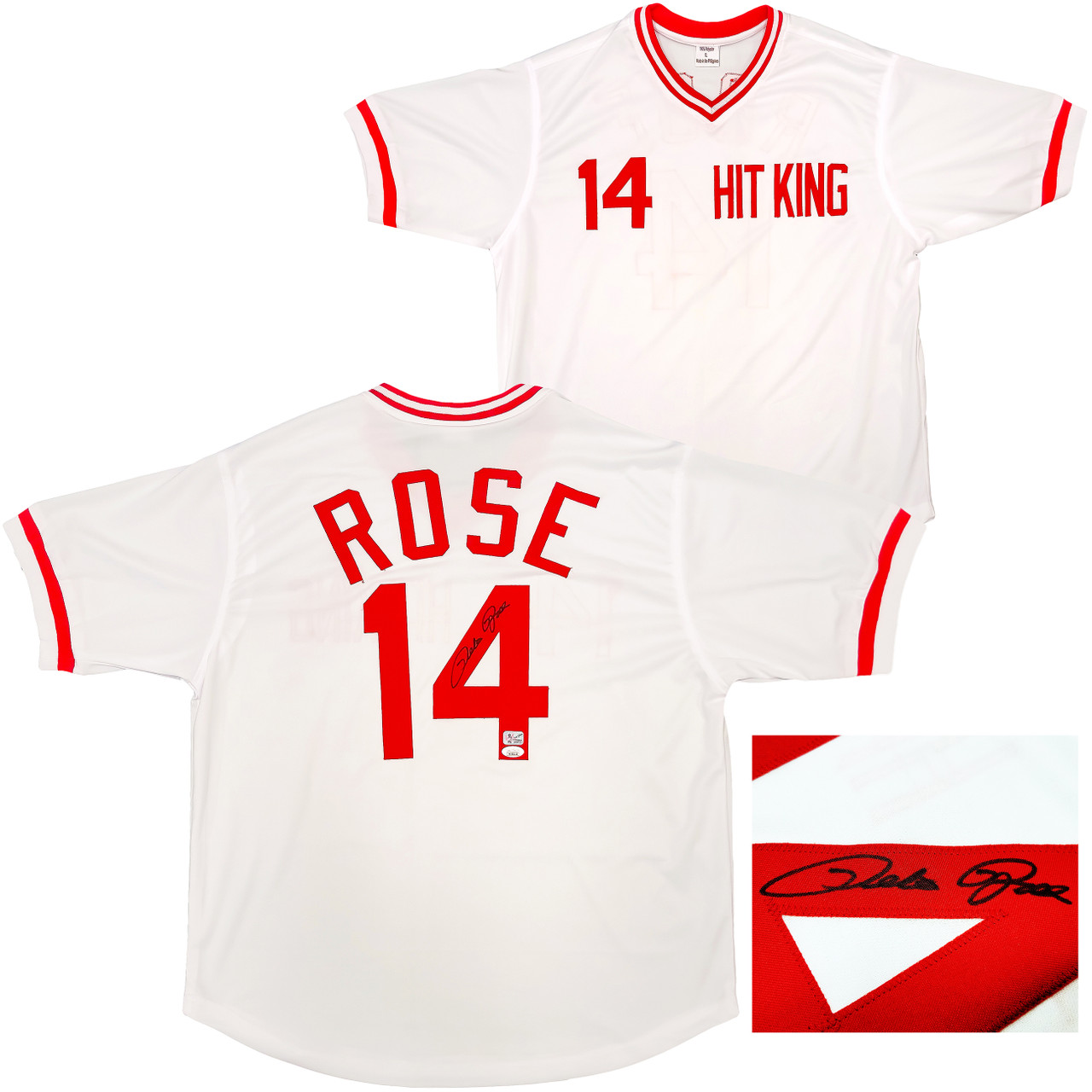 Cincinnati Reds Pete Rose Autographed White Jersey JSA Stock