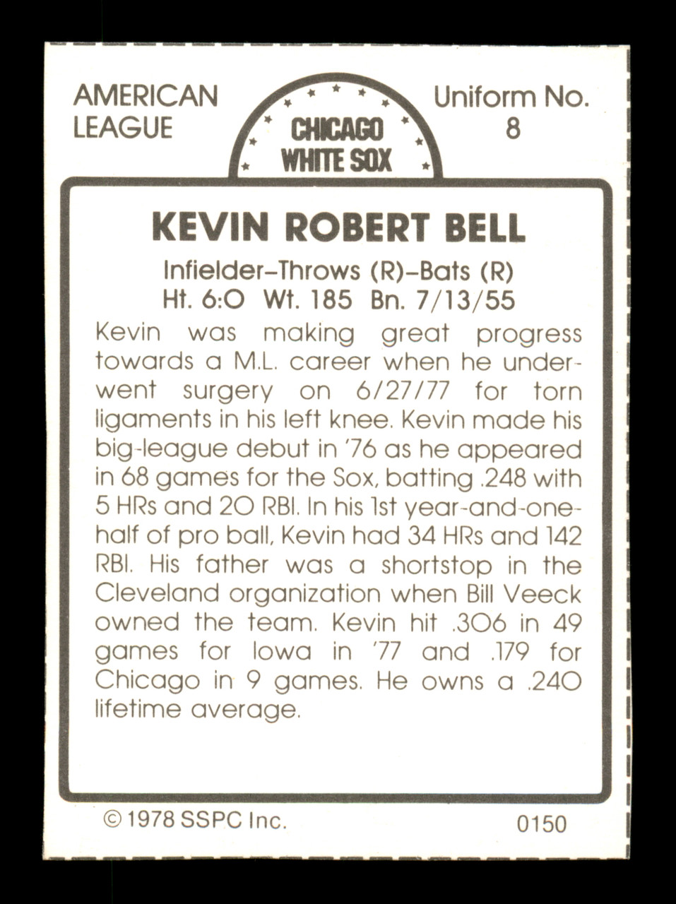 Kevin Bell Chicago White Sox LIMITED STOCK Comes In A Top Load