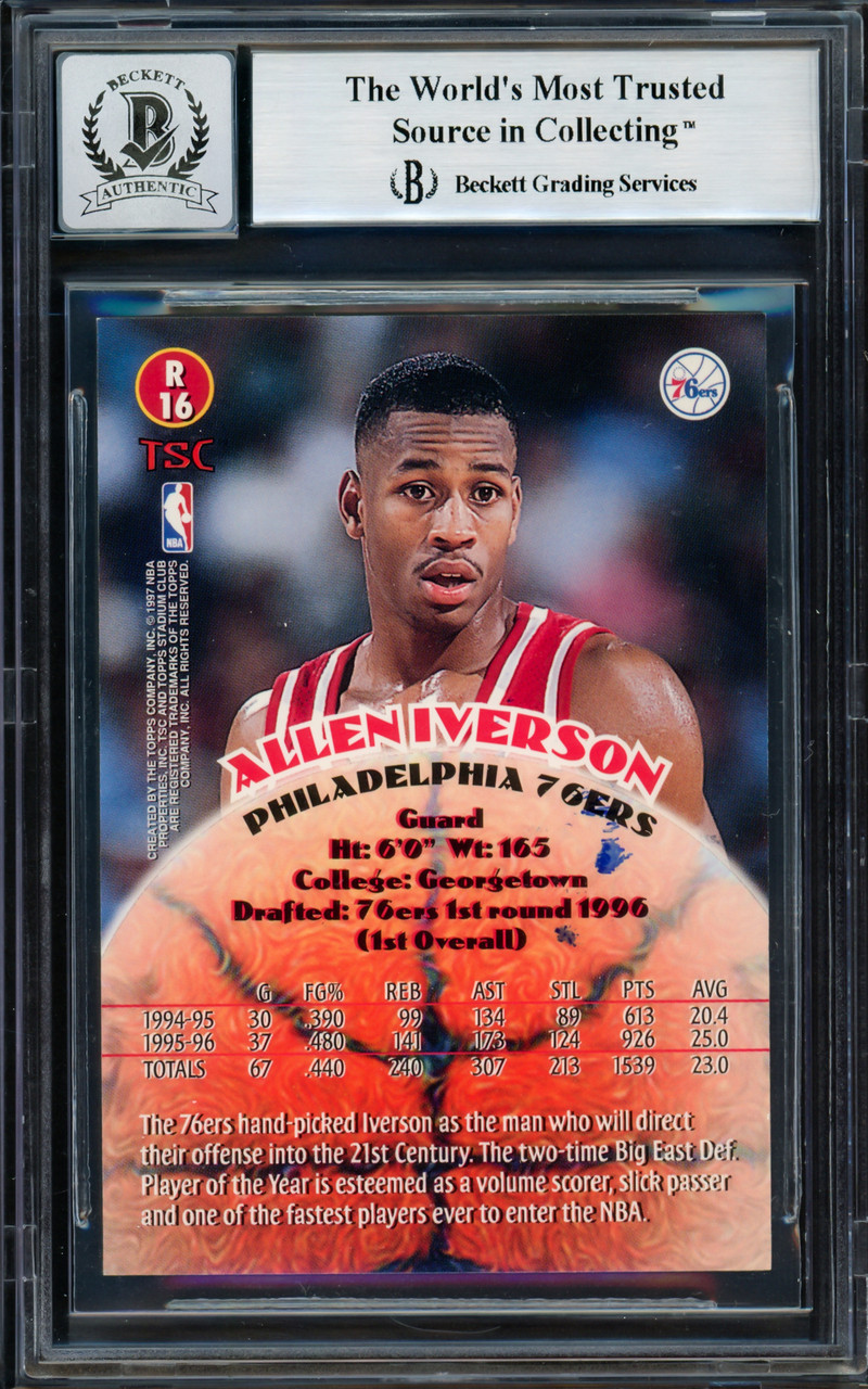 Allen Iverson Autographed 1996-97 Topps Finest Sterling Rookie Card #240  Philadelphia 76ers Auto Grade Gem Mint 10 Beckett BAS Stock #205791