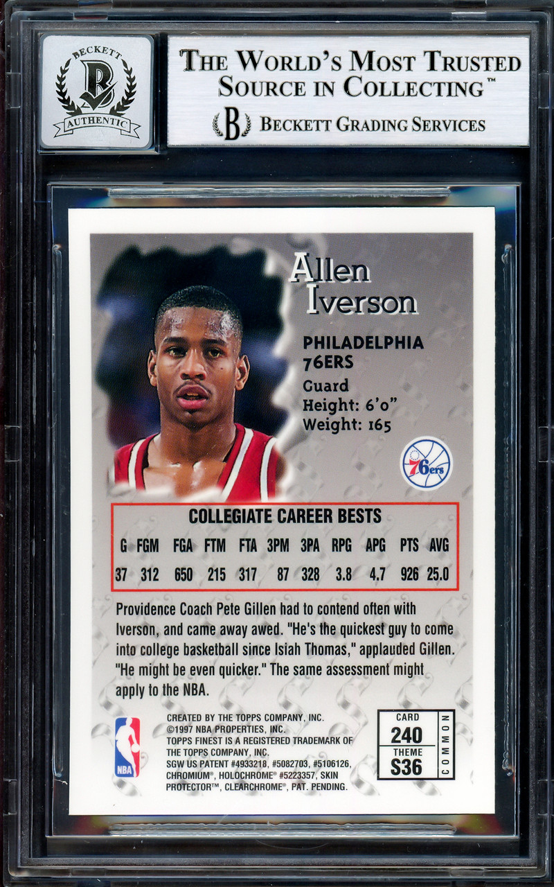 Allen Iverson Signed Philadelphia 76ers 1996 Topps Rookie Basketball Card  #171 (PSA Encapsulated – Auto Grade 10) – Schwartz Sports Memorabilia