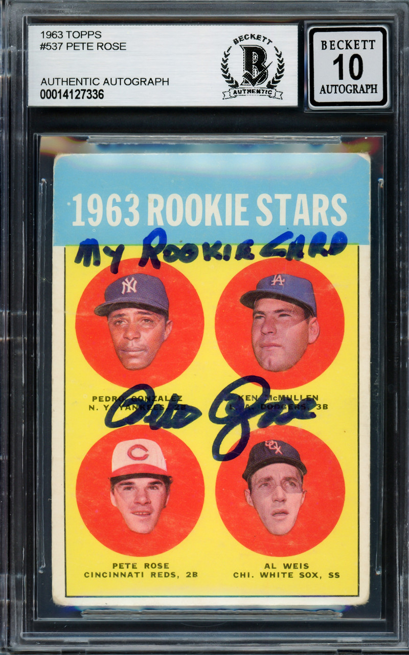 Pete Rose Autographed 1963 Topps Rookie Card #537 Cincinnati Reds Auto  Grade Gem Mint 10 1963 ROY Beckett BAS #15496905