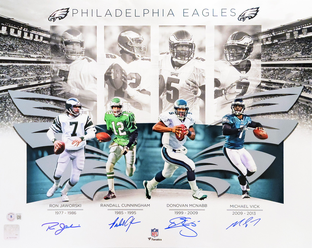 Philadelphia Eagles Quarterbacks Autographed 16x20 Photo With 4 Signatures  Including Randall Cunningham & Donovan McNabb Beckett BAS Stock #206005 -  Mill Creek Sports