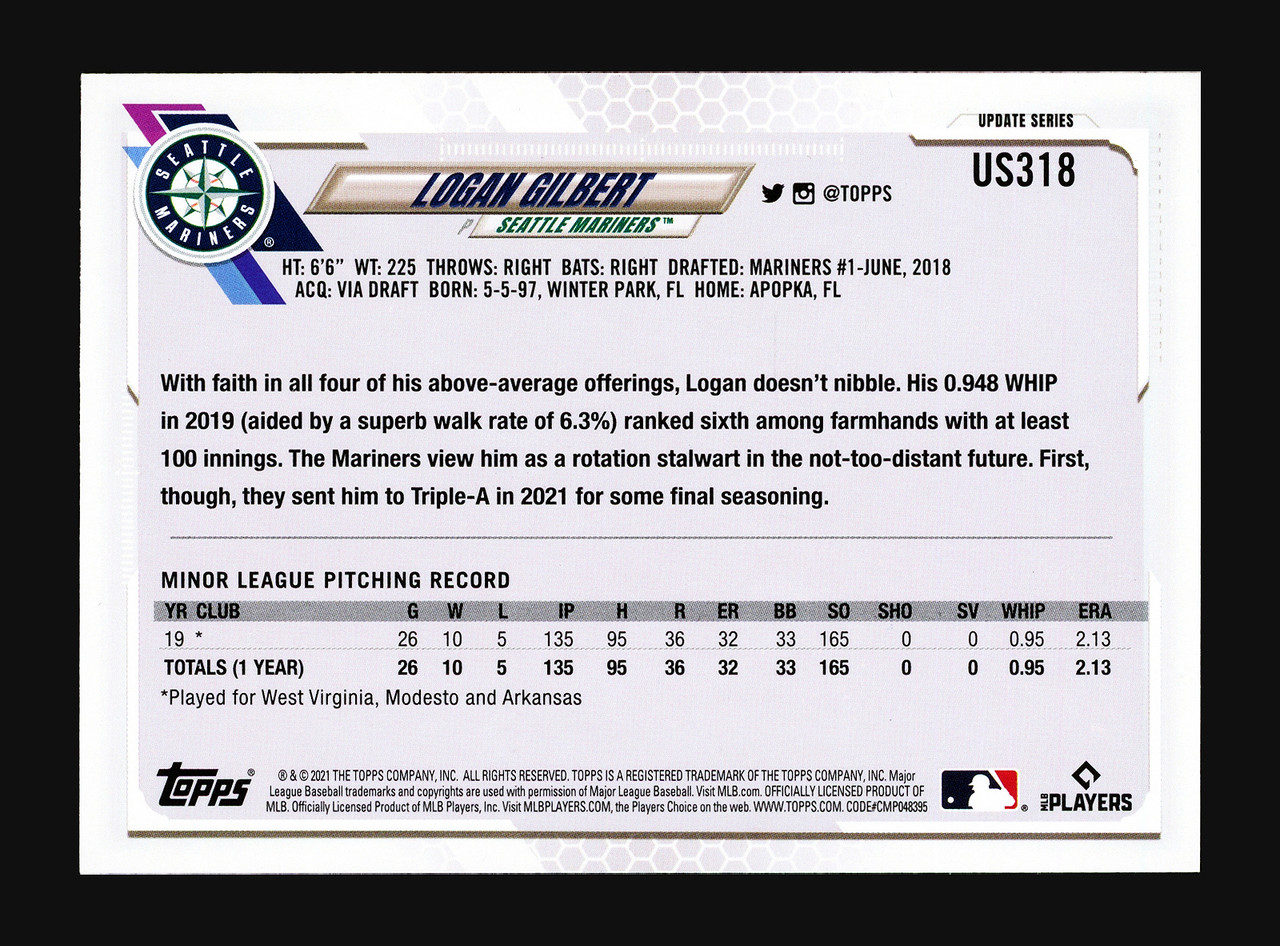 2021 Topps Update #US318 Logan Gilbert NM-MT RC Rookie Seattle  Mariners Baseball : Collectibles & Fine Art