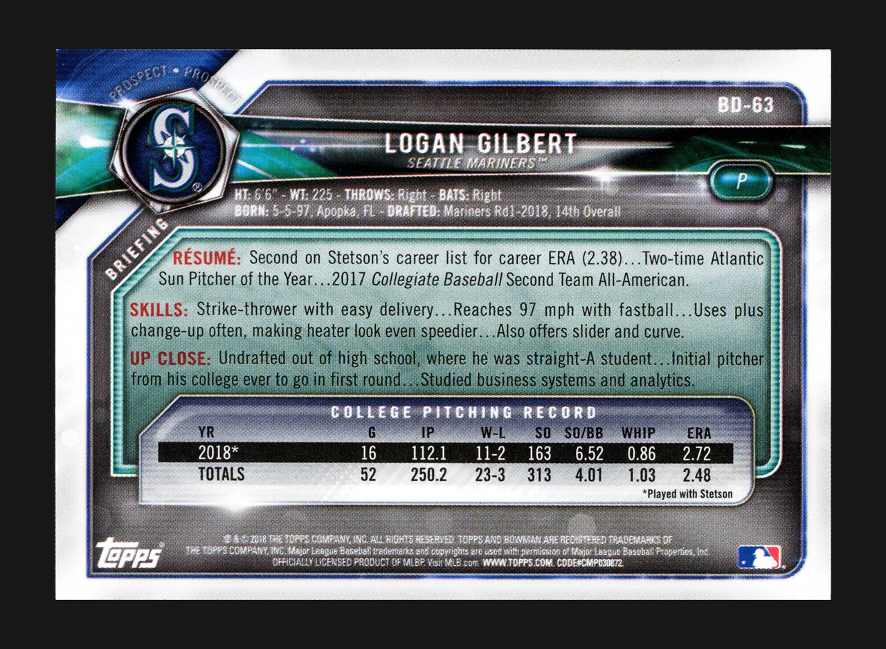 Logan Gilbert Autographed 2021 Topps Update Rookie Card #US318 Seattle  Mariners Stock #206032