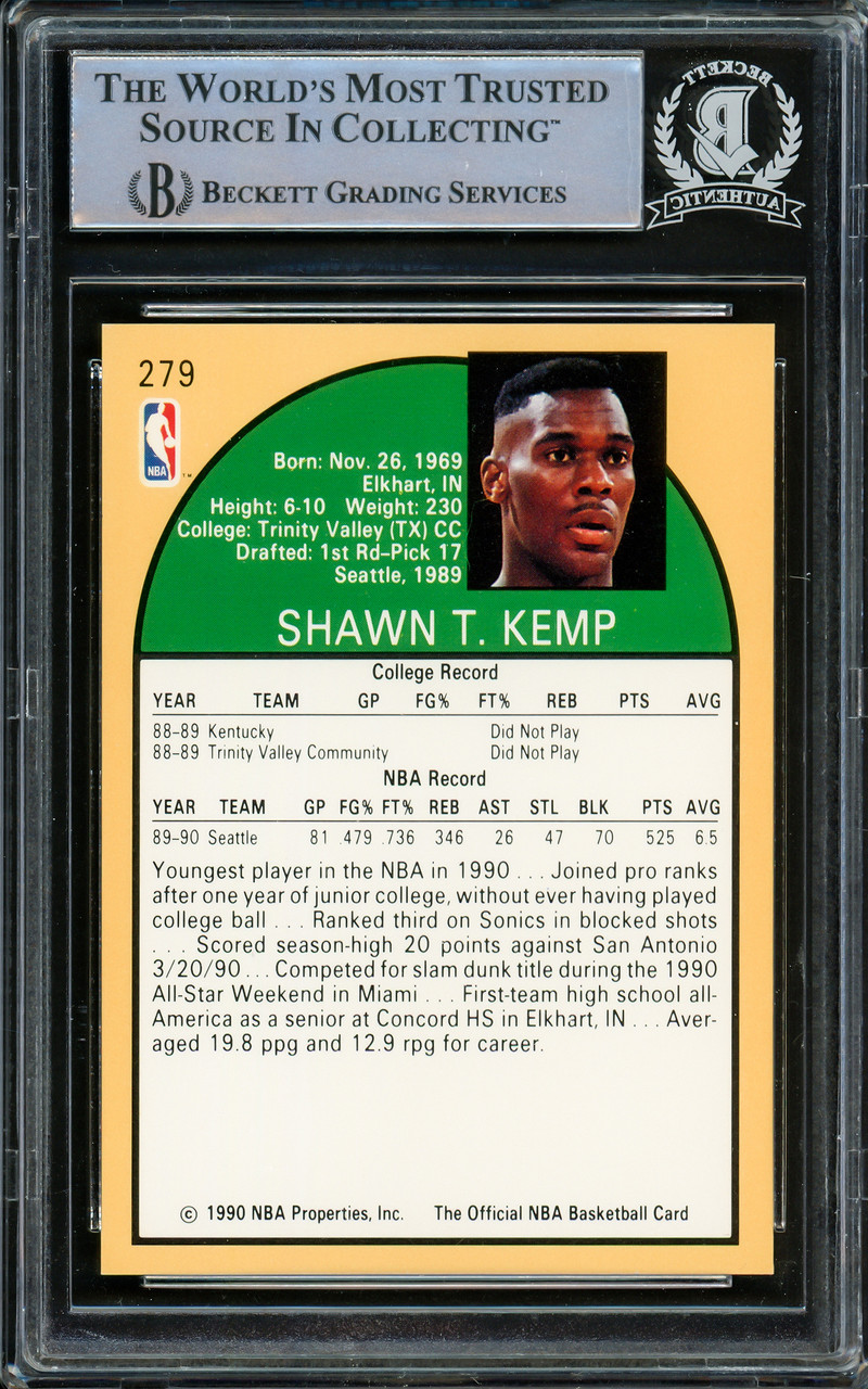 Shawn Kemp Seattle SuperSonics Autographed 1990-91 Hoops Series 1 #279 Beckett Fanatics Witnessed Authenticated 10 Rookie Card
