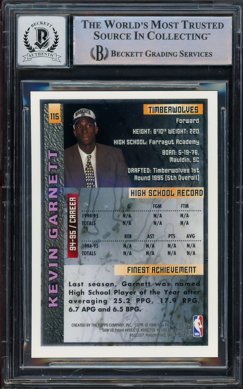 Kevin Garnett Autographed 1995-96 Topps Finest Rookie Card #115 Minnesota  Timberwolves Auto Grade Gem Mint 10 Beckett BAS #14392812 - Mill Creek  Sports