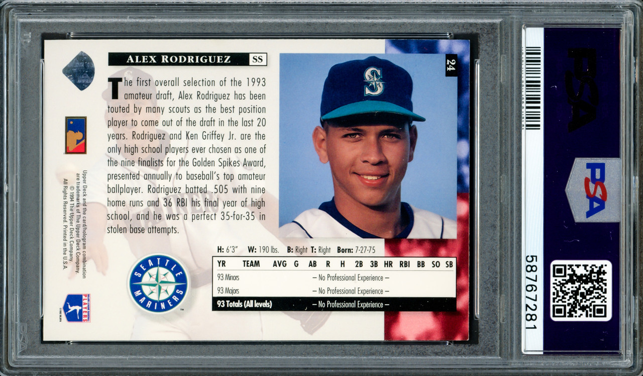 Alex Rodriguez Seattle Mariners Autographed 1994 Pinnacle Score Rookie  Traded #HC1 Card