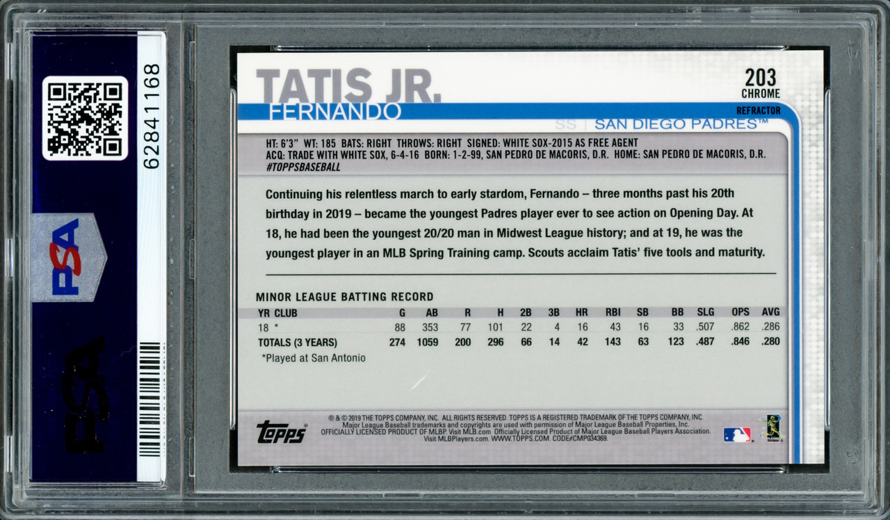 Fernando Tatis Jr. Autographed 2019 Topps Chrome Rookie Card #203 San — RSA