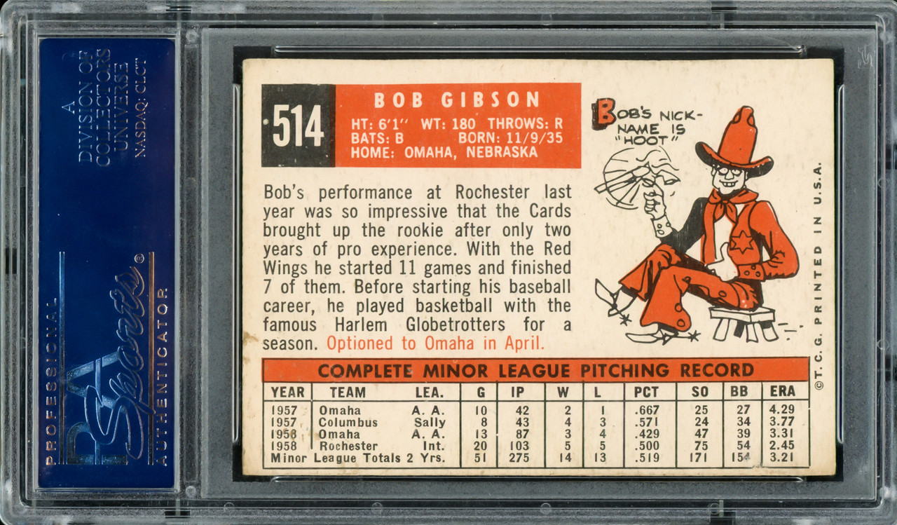 Bob Gibson Autographed 1959 Topps Rookie Card #514 St. Louis Cardinals  Owner Auto Grade Gem Mint 10 PSA/DNA #83271220 - Mill Creek Sports