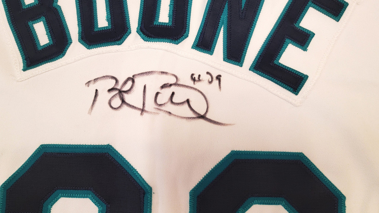 Seattle Mariners Bret Boone Autographed White Game Used 2003 Russell Jersey  Size 46 Beckett BAS #BD47905