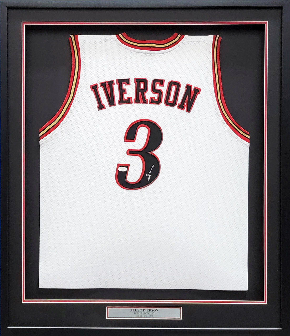 Framed Autographed/Signed Allen Iverson 33x42 Philadelphia Black Basketball  Jersey JSA COA