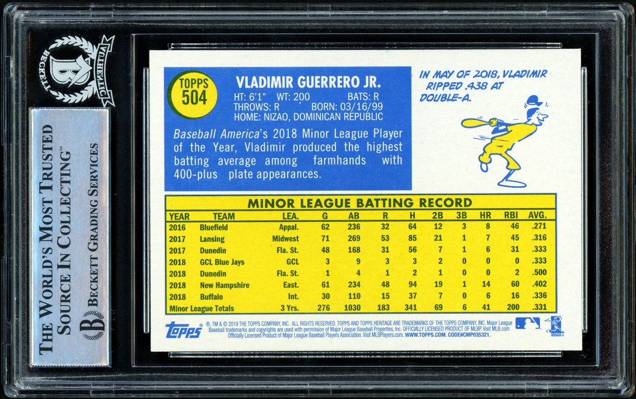 Vladimir Guerrero Jr. Autographed 2019 Topps Update Rookie Card #US1  Toronto Blue Jays Beckett BAS Stock #209788