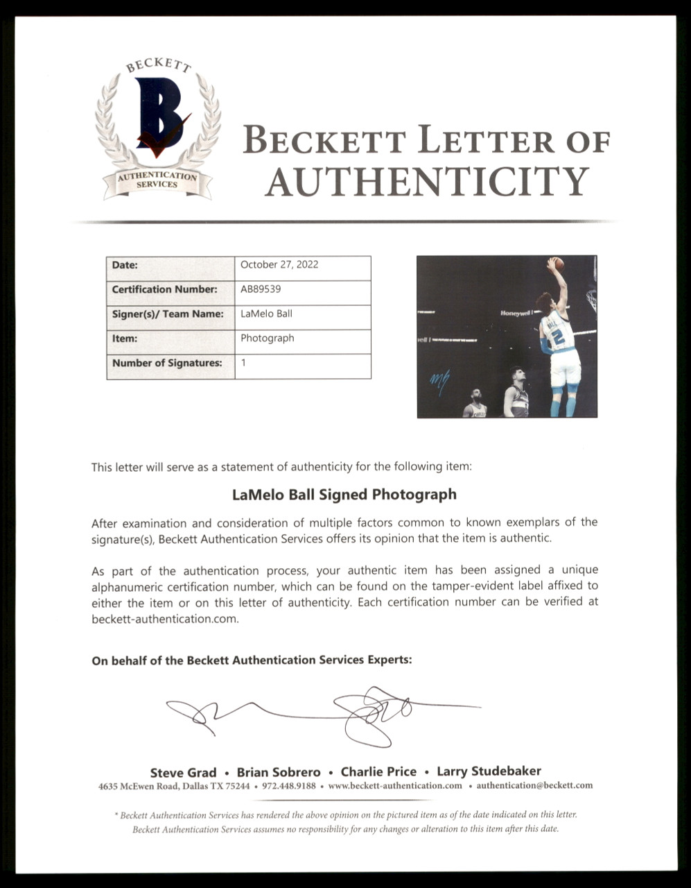 Maillot NBA Dédicacé LaMelo Ball (Charlotte Hornets) - Certifié Beckett