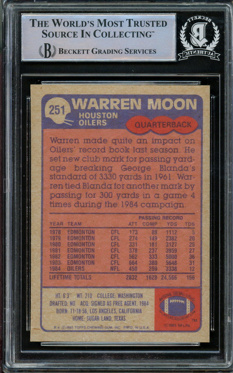 #251 Warren Moon RC HOF - 1985 Topps Football Cards (Star) Graded BGS Auto