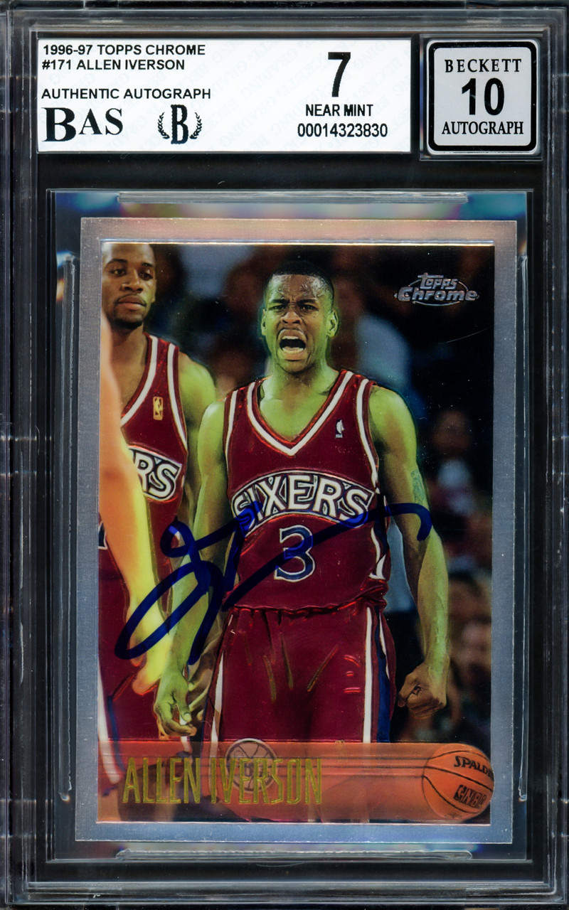 Allen Iverson Autographed 1996-97 Topps Rookie Card #171 Philadelphia 76ers  Auto Grade Gem Mint 10 Beckett BAS Stock #205786