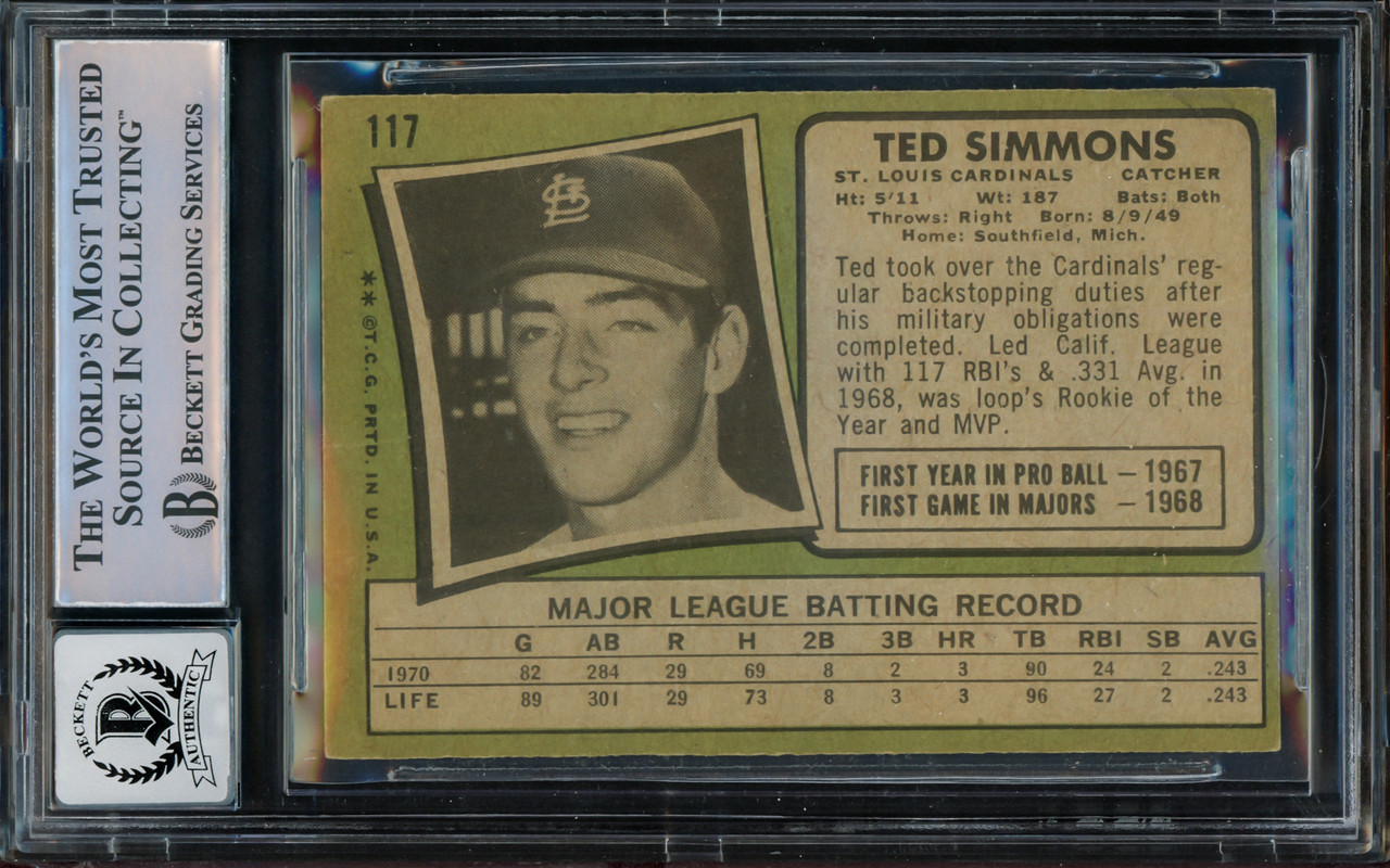 Ted Simmons Autographed 1971 Topps Rookie Card #117 St. Louis Cardinals Auto  Grade Gem Mint 10 (Off Condition) Beckett BAS #14867951 - Mill Creek Sports