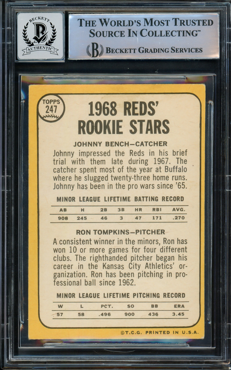 Johnny Bench Autographed 1968 Topps Rookie Card #247 Cincinnati Reds (Off  Condition) Beckett BAS #14962515