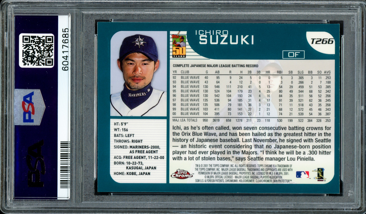 ICHIRO SUZUKI AUTOGRAPHED 2001 BOWMAN CHROME ROOKIE 8X10 JUMBO CARD -  JAPANESE VARIATION - PURPLE # to 10