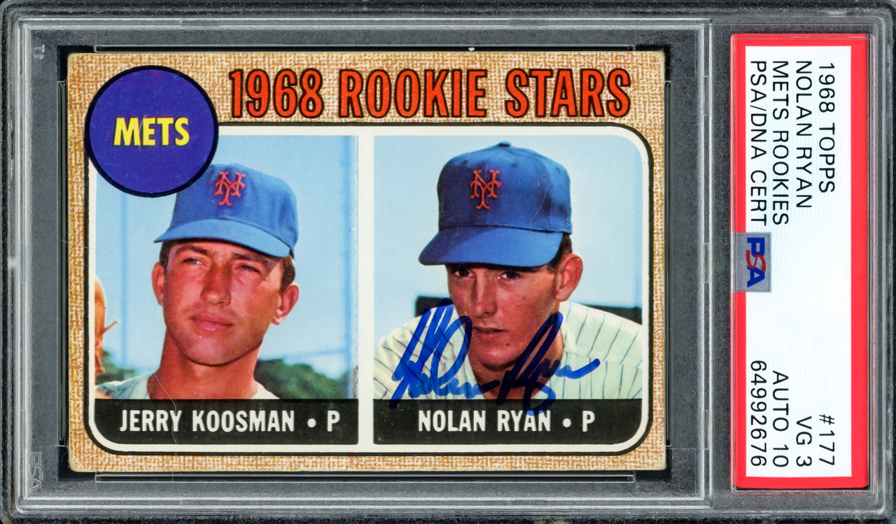 Nolan Ryan Signed Jerry Koosman RC / Nolan Ryan RC 1968 Topps #177 Rookie  Stars Inscribed 324 Wins, 5,714 K's & 7 No-Hiters (PSA)