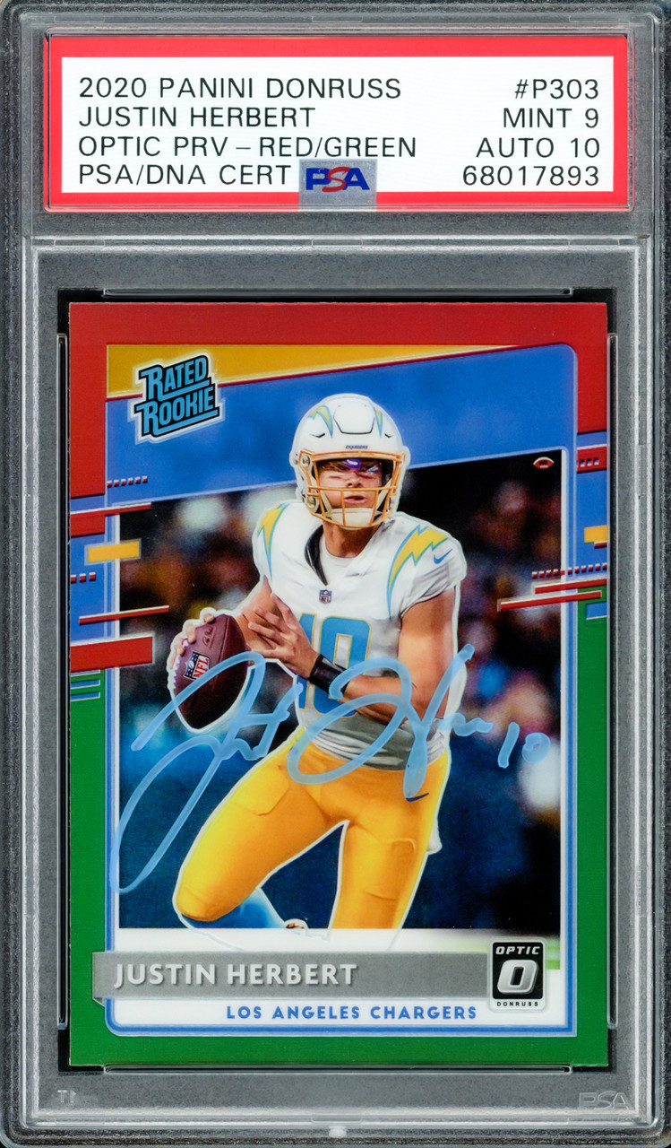 Justin Herbert Autographed 2020 Donruss Optic Preview Red Green Rookie Card  #P303 Los Angeles Chargers PSA 9 Auto Grade Gem Mint 10 PSA/DNA #68017893
