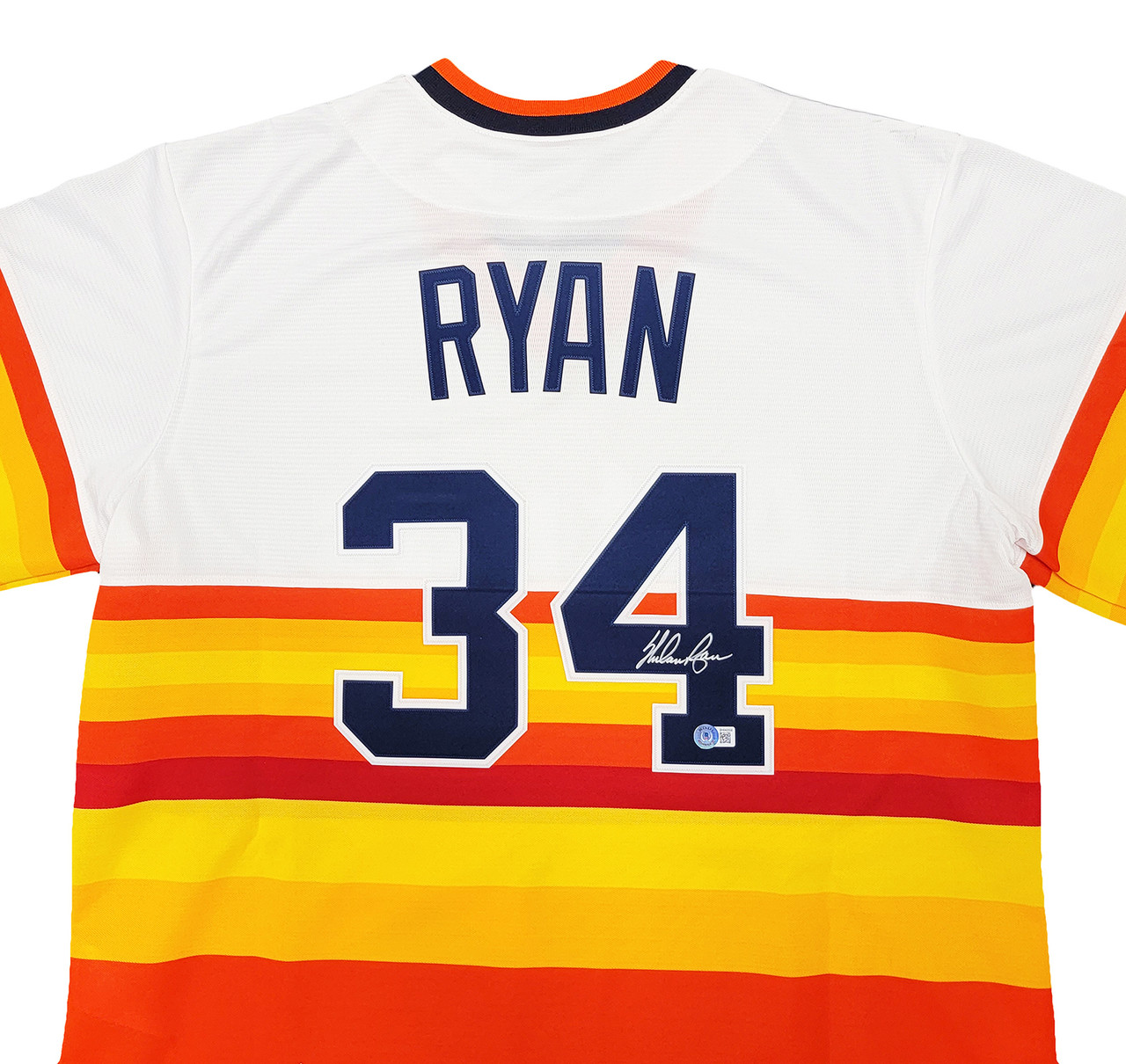 Houston Astros Nolan Ryan Autographed White & Orange/Yellow Stripes Nike Cooperstown Authentic Collection Jersey Size XL H.O.F. '99 Beckett BAS QR