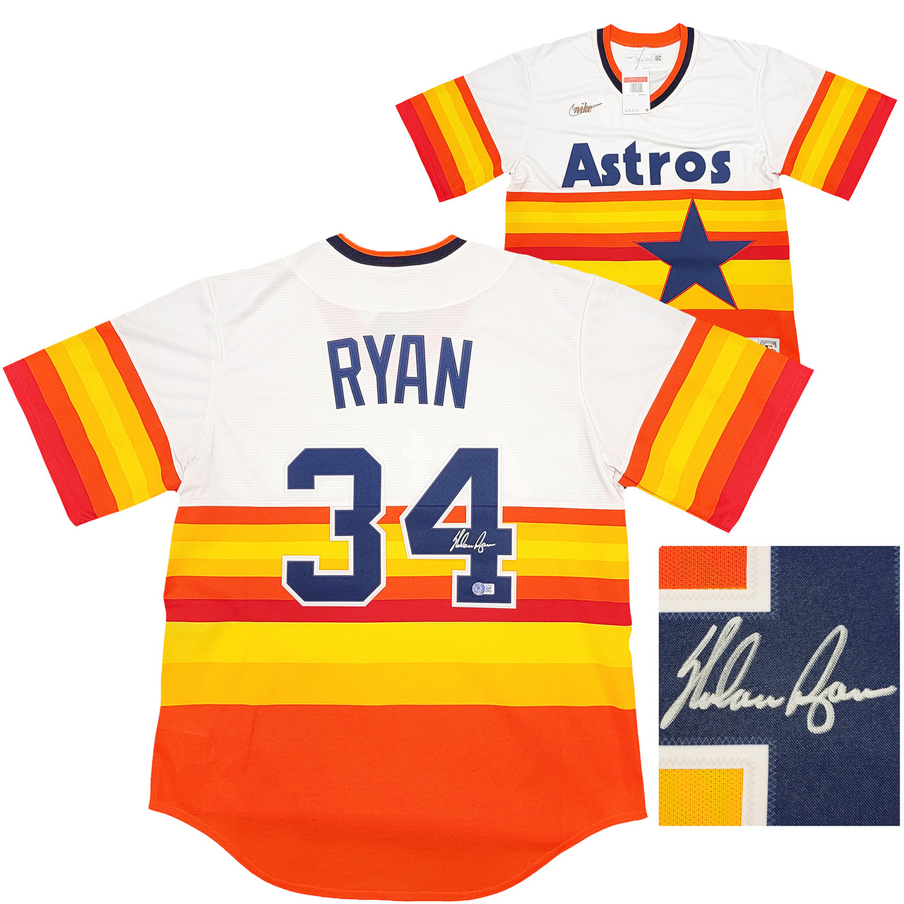 Houston Astros Nolan Ryan Autographed White & Orange/Yellow Stripes Nike  Cooperstown Authentic Collection Jersey Size L Beckett BAS QR Stock #211257  - Mill Creek Sports