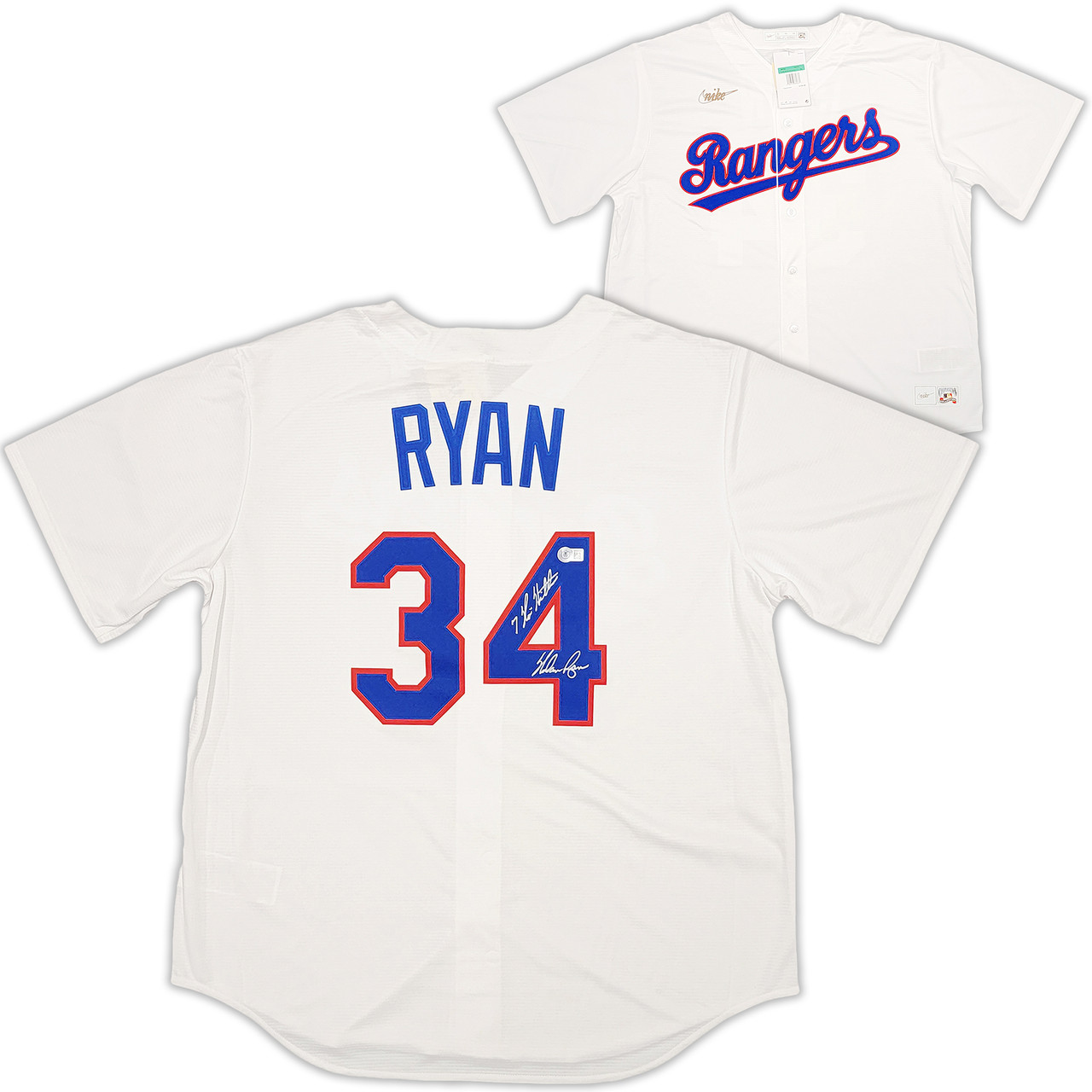 Texas Rangers Nolan Ryan Autographed White Nike Cooperstown Authentic  Collection Jersey Size XL  7 No-Hitters  Beckett BAS QR Stock #211254