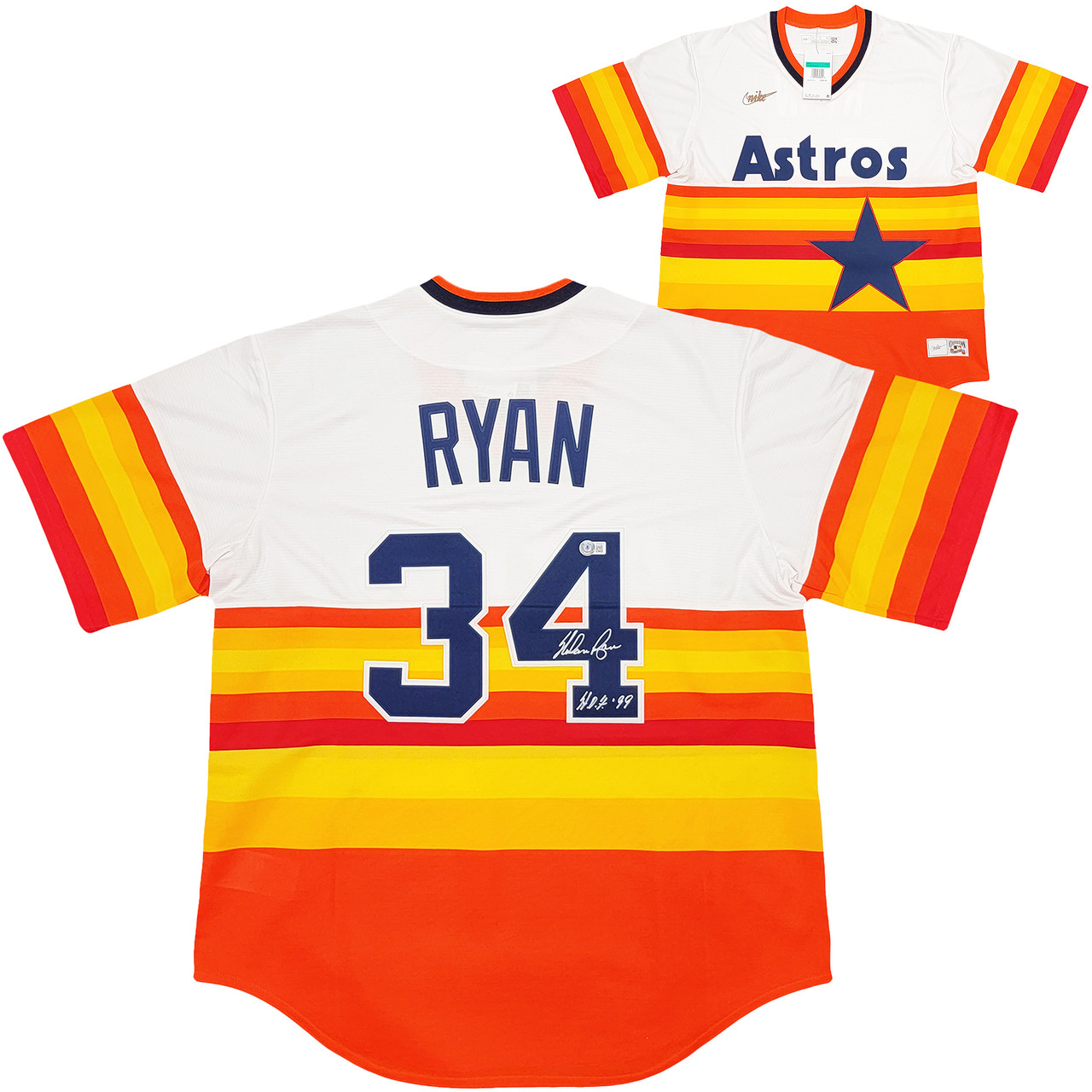 Houston Astros Nolan Ryan Autographed White & Orange/Yellow Stripes Nike  Cooperstown Authentic Collection Jersey Size XL  H.O.F. '99  Beckett BAS  QR