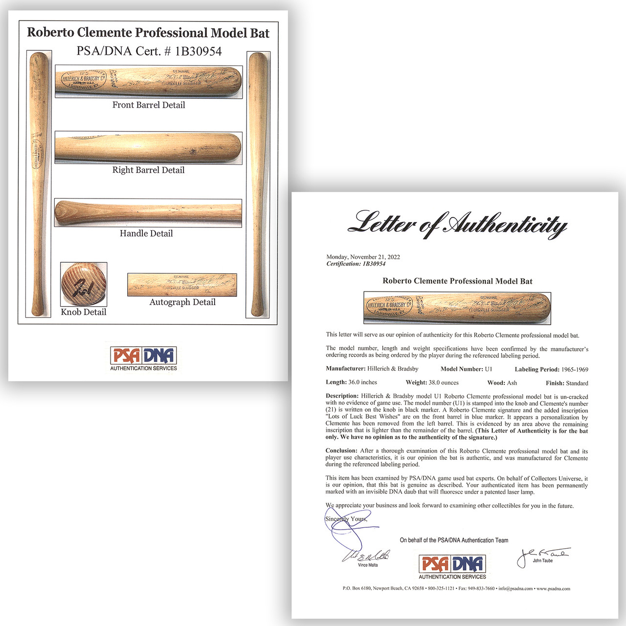 Roberto Clemente H&B Game Bat Pittsburgh PIrates PSA DNA His Last