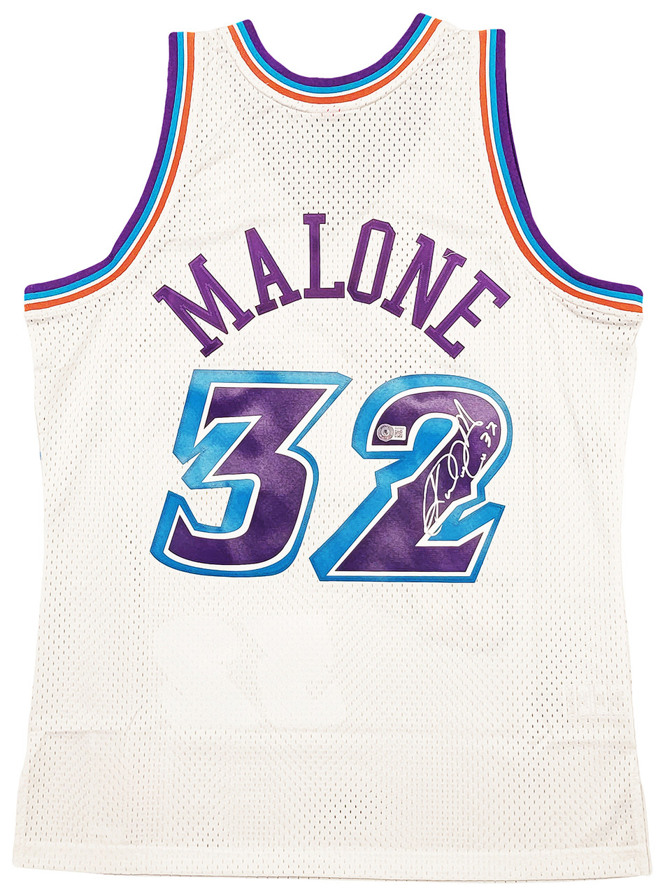 Karl Malone Autographed White Utah Jazz Jersey - Beautifully
