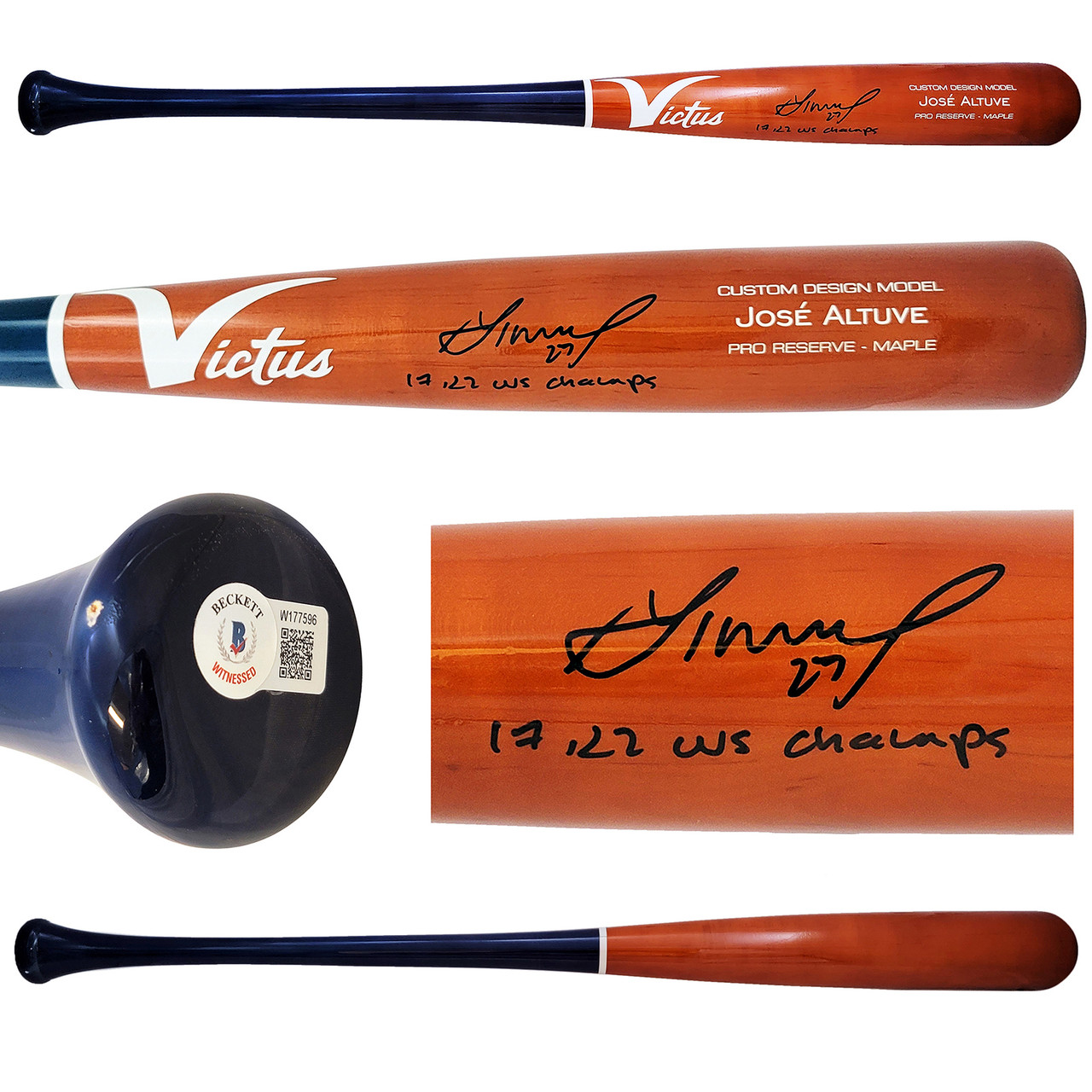 Jose Altuve Autographed Orange Victus Player Model Bat Houston Astros 17,  22 WS Champs Beckett BAS Witness Stock #211889