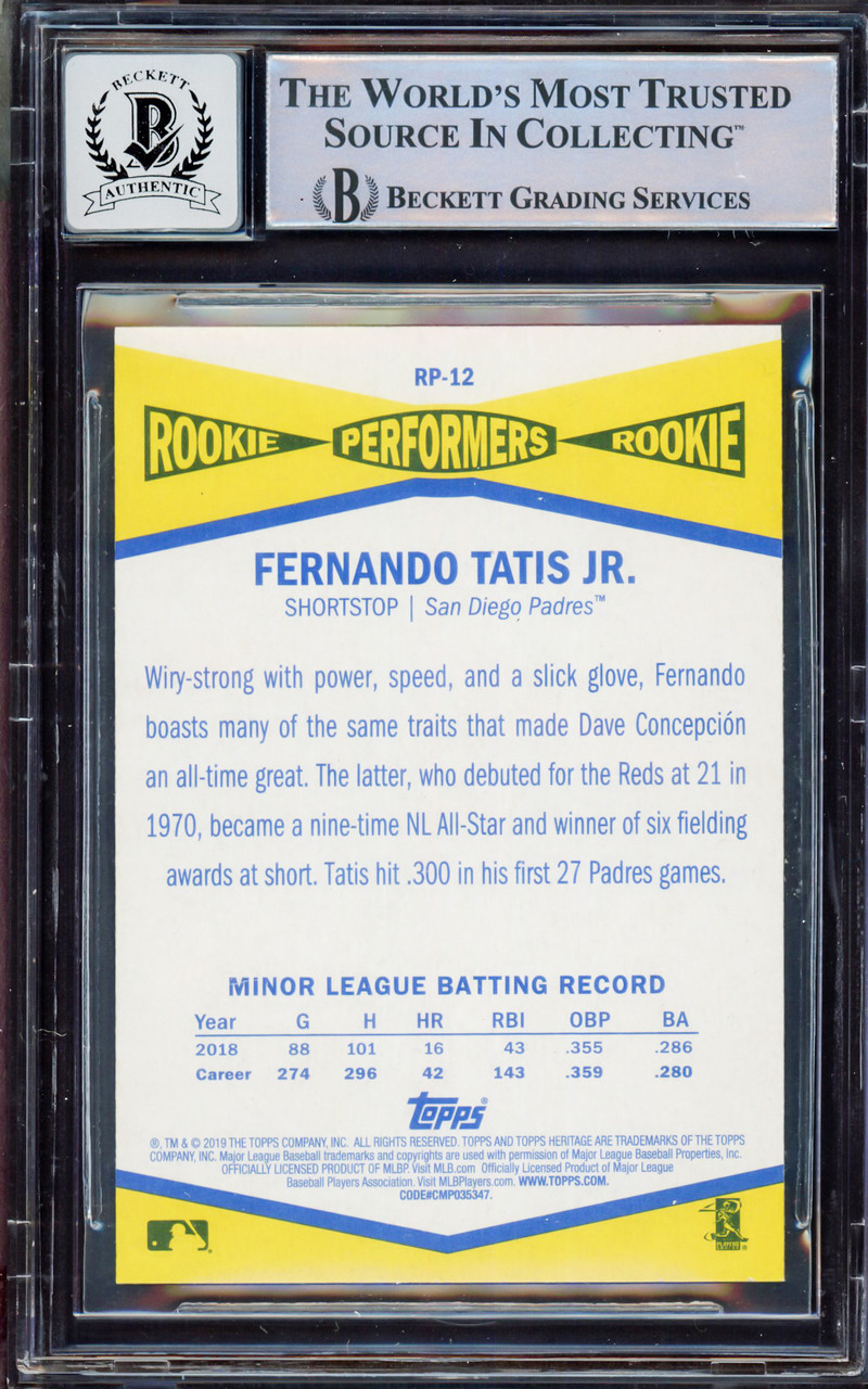 Fernando Tatis Jr. Autographed 2019 Topps Heritage Rookie Performers Rookie  Card #RP-12 San Diego Padres BGS 9 Auto Grade Gem Mint 10 Beckett BAS  #15350430 - Mill Creek Sports