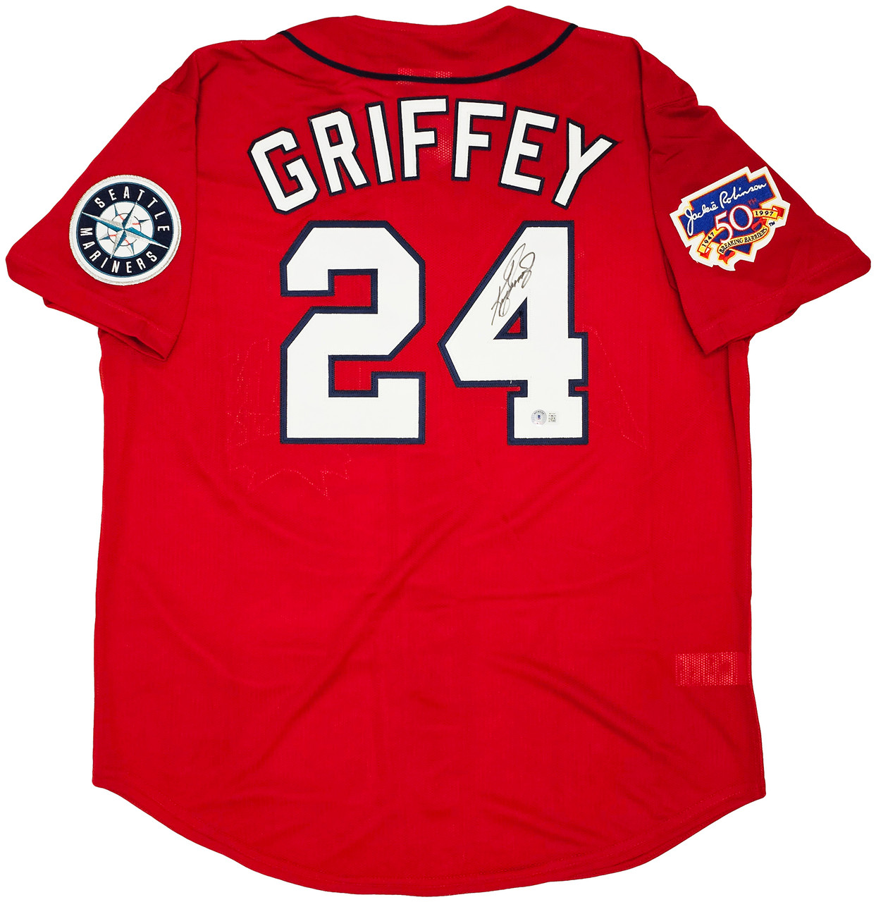 Seattle Mariners Ken Griffey Jr. Autographed Red Authentic Mitchell & Ness  1997 All Star Game Jersey Size XL Jackie Robinson Patch Beckett BAS Witness  Stock #212470 - Mill Creek Sports
